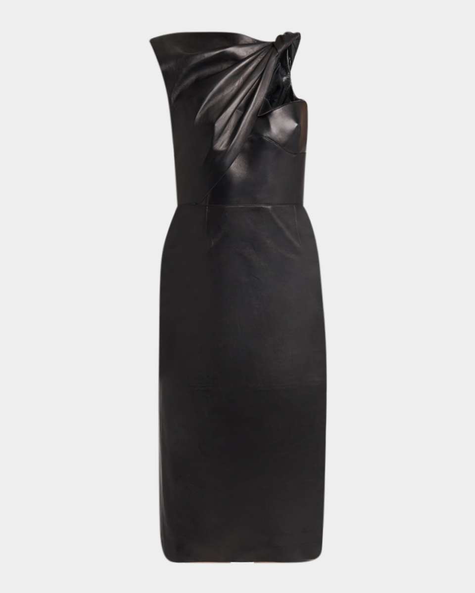 Twisted Bustier Leather Midi Pencil Dress